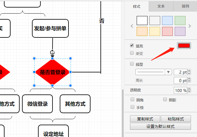 添加的流程图图形是没有颜色的,我们可以点击流程图图形之后选择在