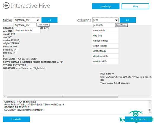 图三.交互控制台的Hive窗口允许开发者基于Azure Blob数据定义结构化Hive表格。