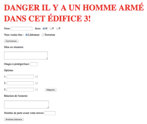 HTML form of an old browser game named 'DANGER IL Y A UN HOMME ARMÉ DANS CET ÉDIFICE 3'