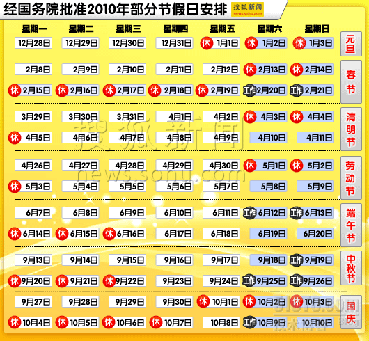 2010年各种节日放假安排