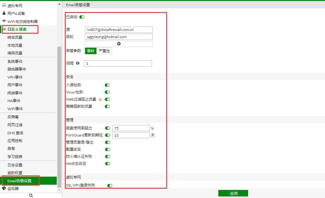 Fortinet：Email alert setting &&&防特网：配置报警邮件