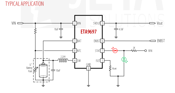 ETA9697适应全市场耳机IC，5V常开超低功耗1UA蓝牙耳机充电盒输入耐压20V方案IC