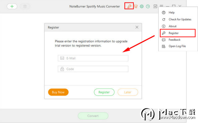 where to enter serial key for noteburner