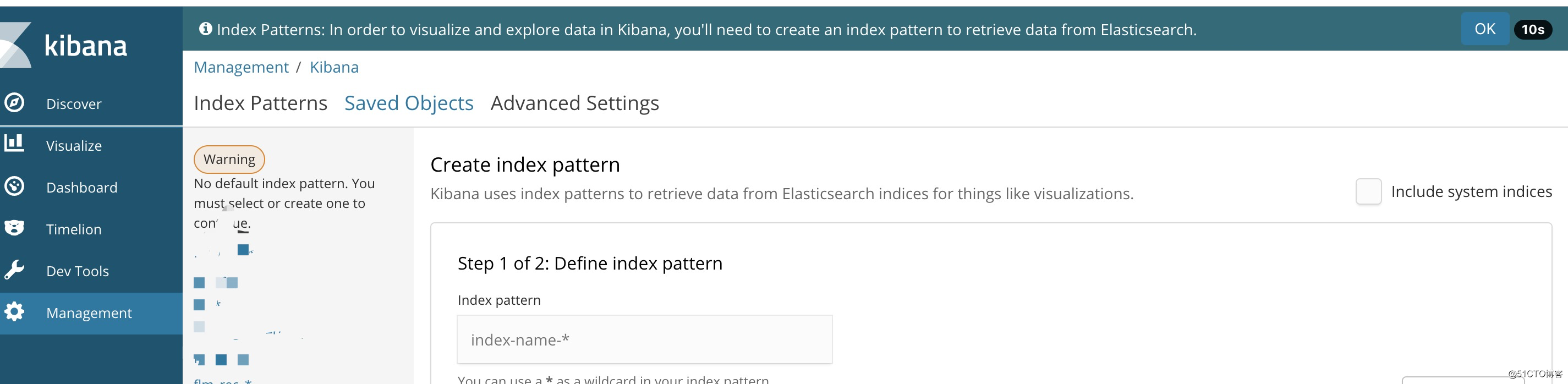 Solution Warning No default index pattern of kibana appear