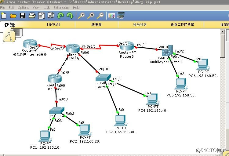 单路由多网段DHCP自动分配 IP地址，实行全网RIP协议，使得所有网段互通.