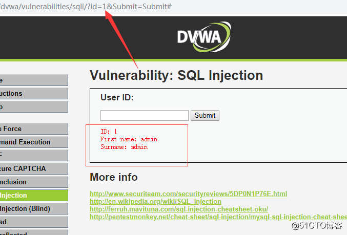 DVWAプロテストSQLインジェクションの脆弱性