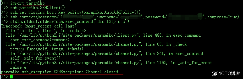 H3C paramiko機器モジュールコネクタ（SSHException：チャネルが閉じ）